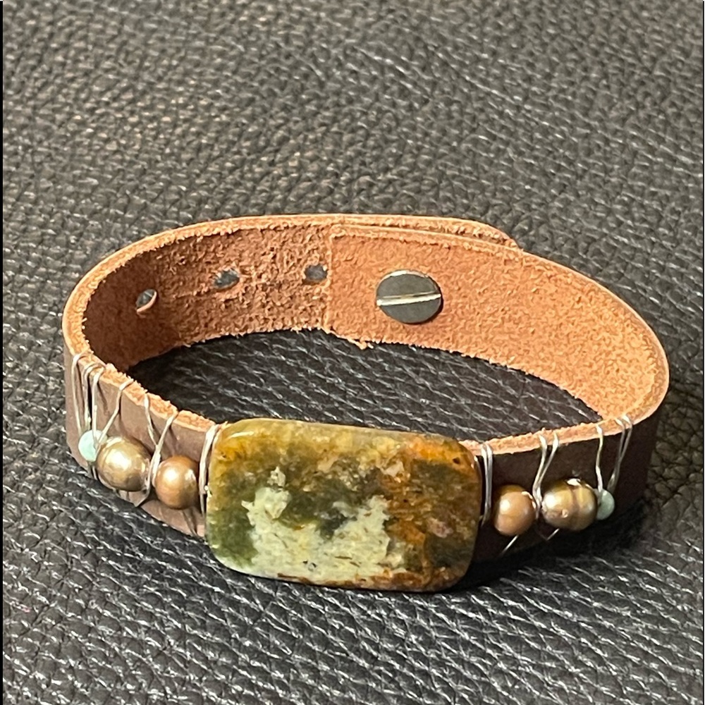Leather Cuff Brown/Green Agate w/Brown Pearls, Bracelet.  Design by Grace